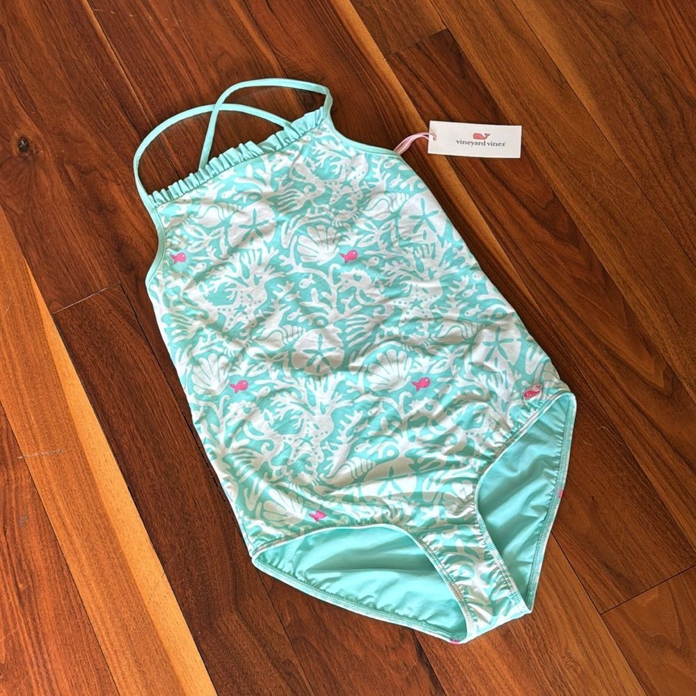 Vineyard Vines One Piece Bathing Suit Sealife Print Sz Large (14) NWT